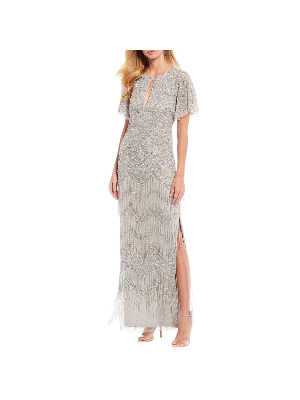Aidan Mattox Beaded Sequin Fringe Gown Silver Art Deco Evening Dress US 4